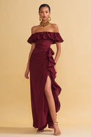 Load image into Gallery viewer, Burgundy Sheath Off the Shoulder Ruffled Long Formal Dress with Slit