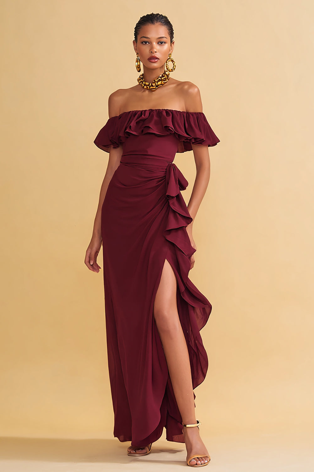 Burgundy Sheath Off the Shoulder Ruffled Long Formal Dress with Slit