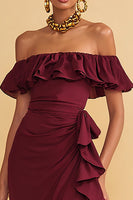 Load image into Gallery viewer, Burgundy Sheath Off the Shoulder Ruffled Long Formal Dress with Slit