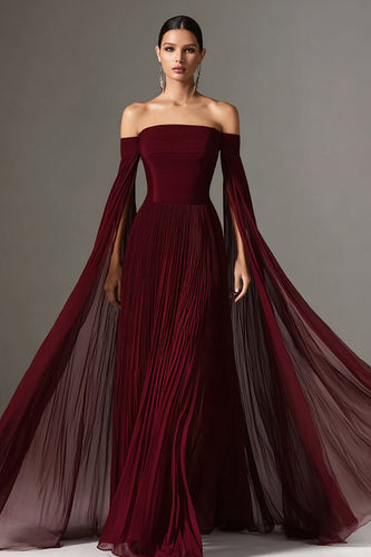 Burgundy Off the Shoulder Pleated Long Formal Dress with Cape