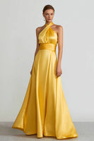 Load image into Gallery viewer, Yellow Halter Satin A Line Long Formal Dress