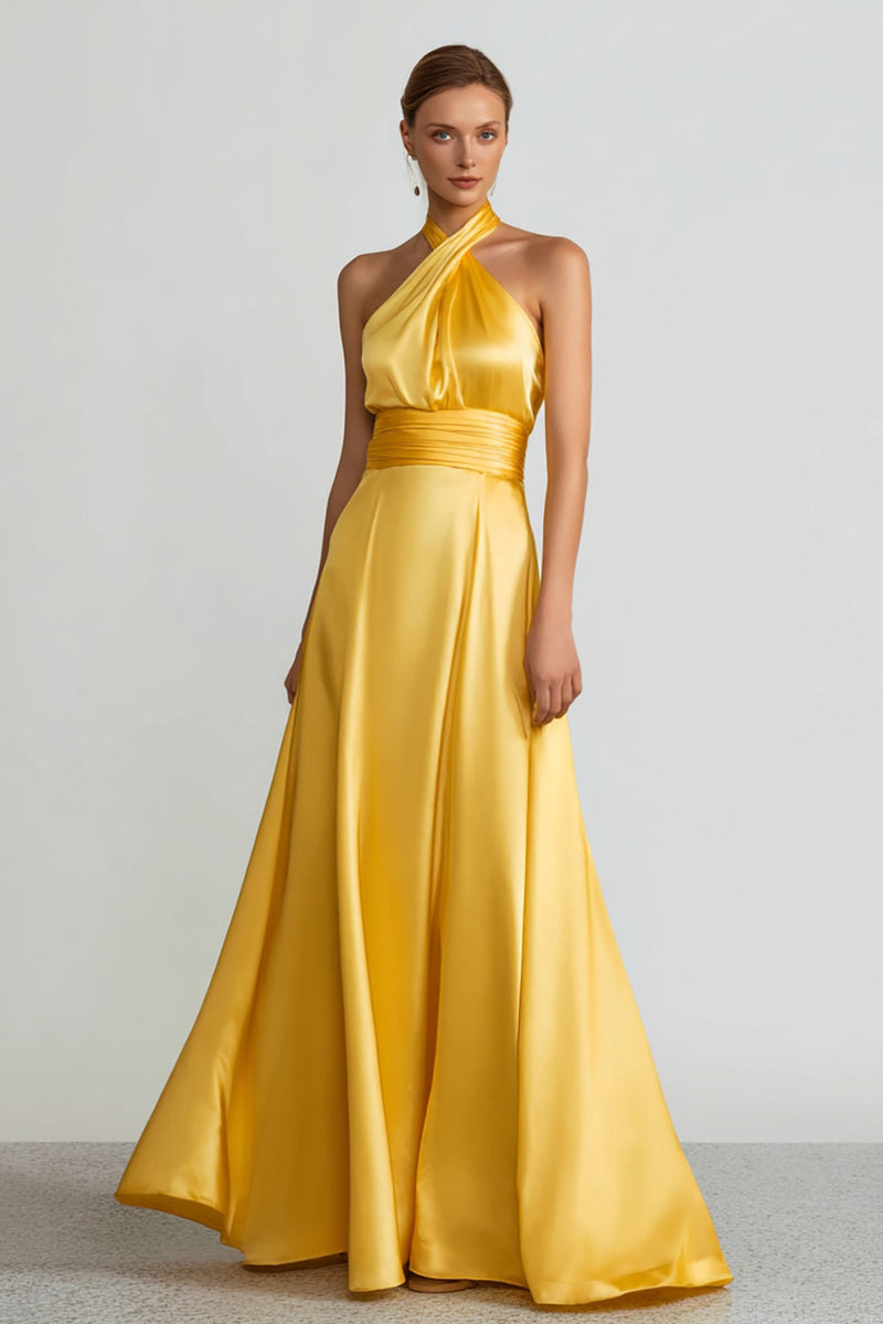Load image into Gallery viewer, Yellow Halter Satin A Line Long Formal Dress