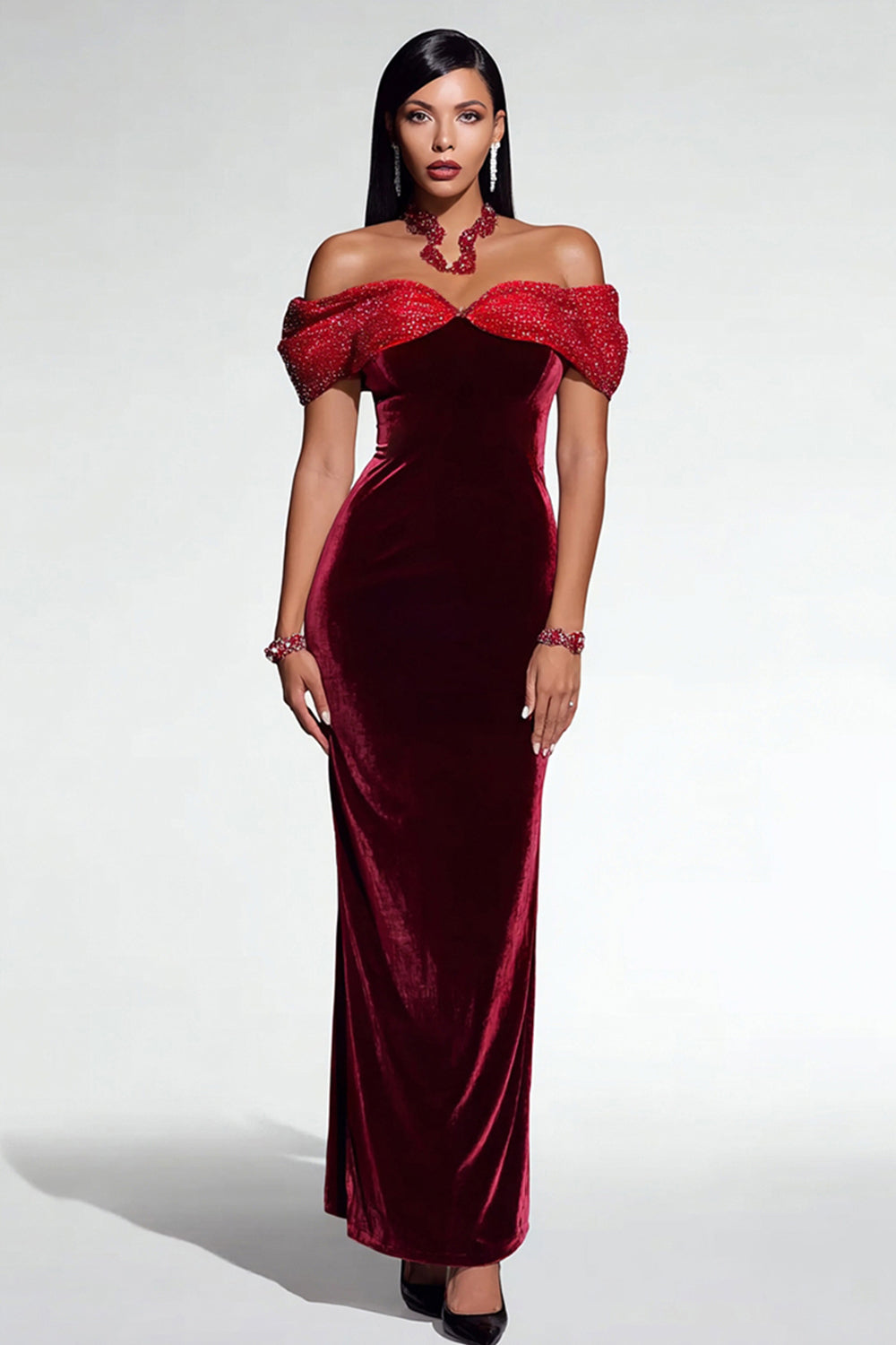 Sparkly Burgundy Velvet Mermaid Beaded Long Formal Dress