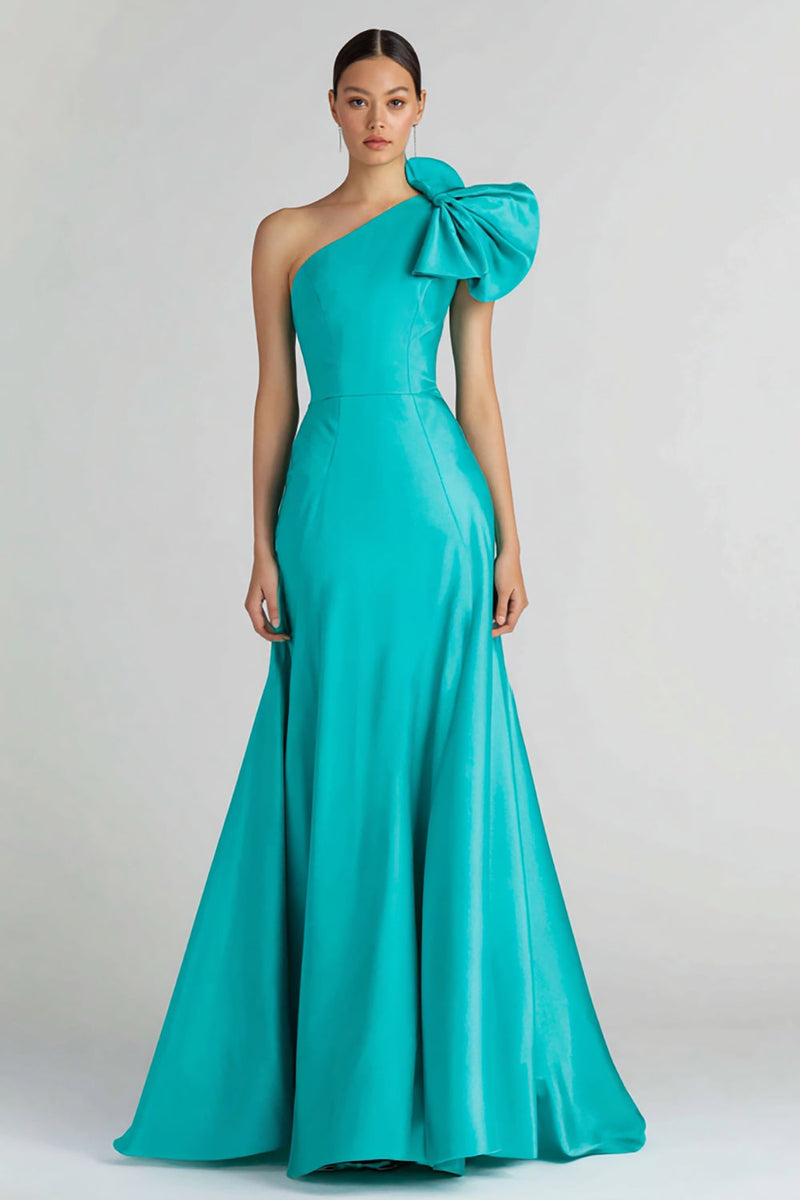Load image into Gallery viewer, Jade Satin One Shoulder Mermaid Long Formal Dress with Bow