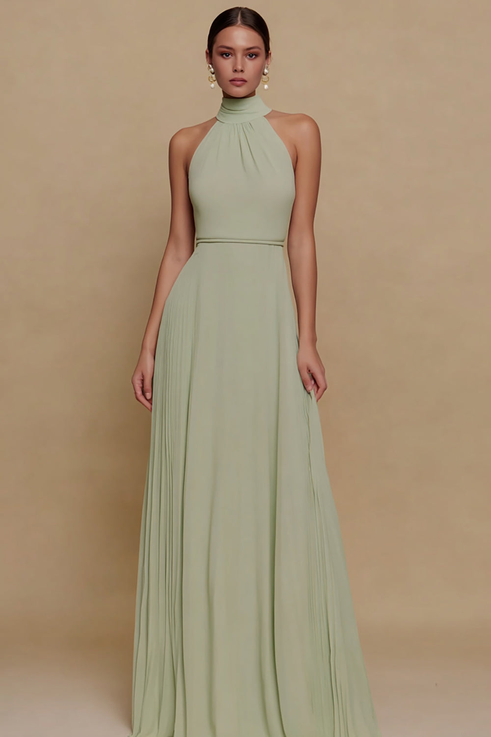 Dusty Sage Chiffon A Line High Neck Long Formal Dress