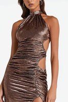 Load image into Gallery viewer, Sparkly Coffee High Neck Cut Out Ruched Long Formal Dress with Slit