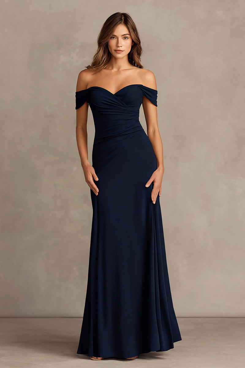 Load image into Gallery viewer, Navy Satin Sheath Off the Shoulder Long Formal Dress