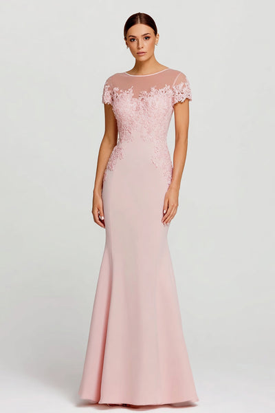 Pink Mermaid Boat Neck Appliqued Long Formal Dress with Sleeves