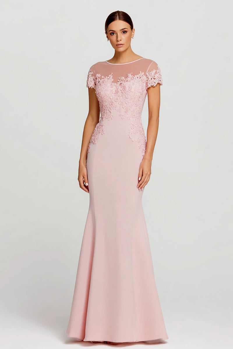 Load image into Gallery viewer, Pink Mermaid Boat Neck Appliqued Long Formal Dress with Sleeves
