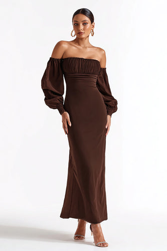 Coffee Satin Mermaid Off the Shoulder Long Formal Dress with Sleeves