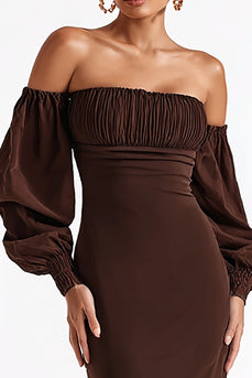 Coffee Satin Mermaid Off the Shoulder Long Formal Dress with Sleeves