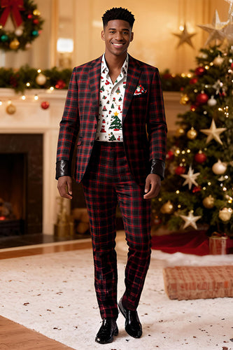 Red and Black Grid 2 Piece Notched Lapel Men Prom Suits