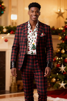 Red and Black Grid 2 Piece Notched Lapel Men Prom Suits