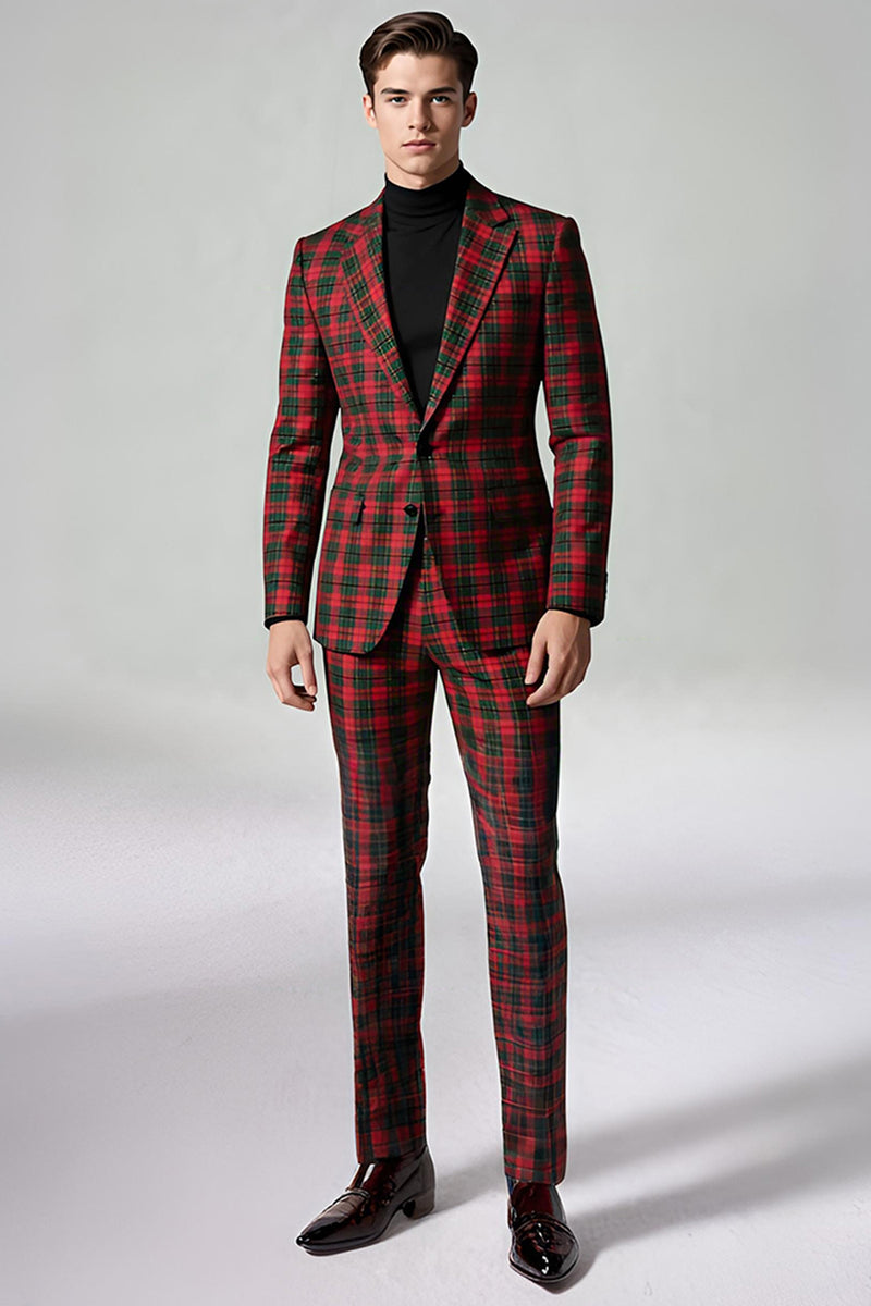 Load image into Gallery viewer, Black and Red Grid 2 Piece Notched Lapel Men Prom Suits