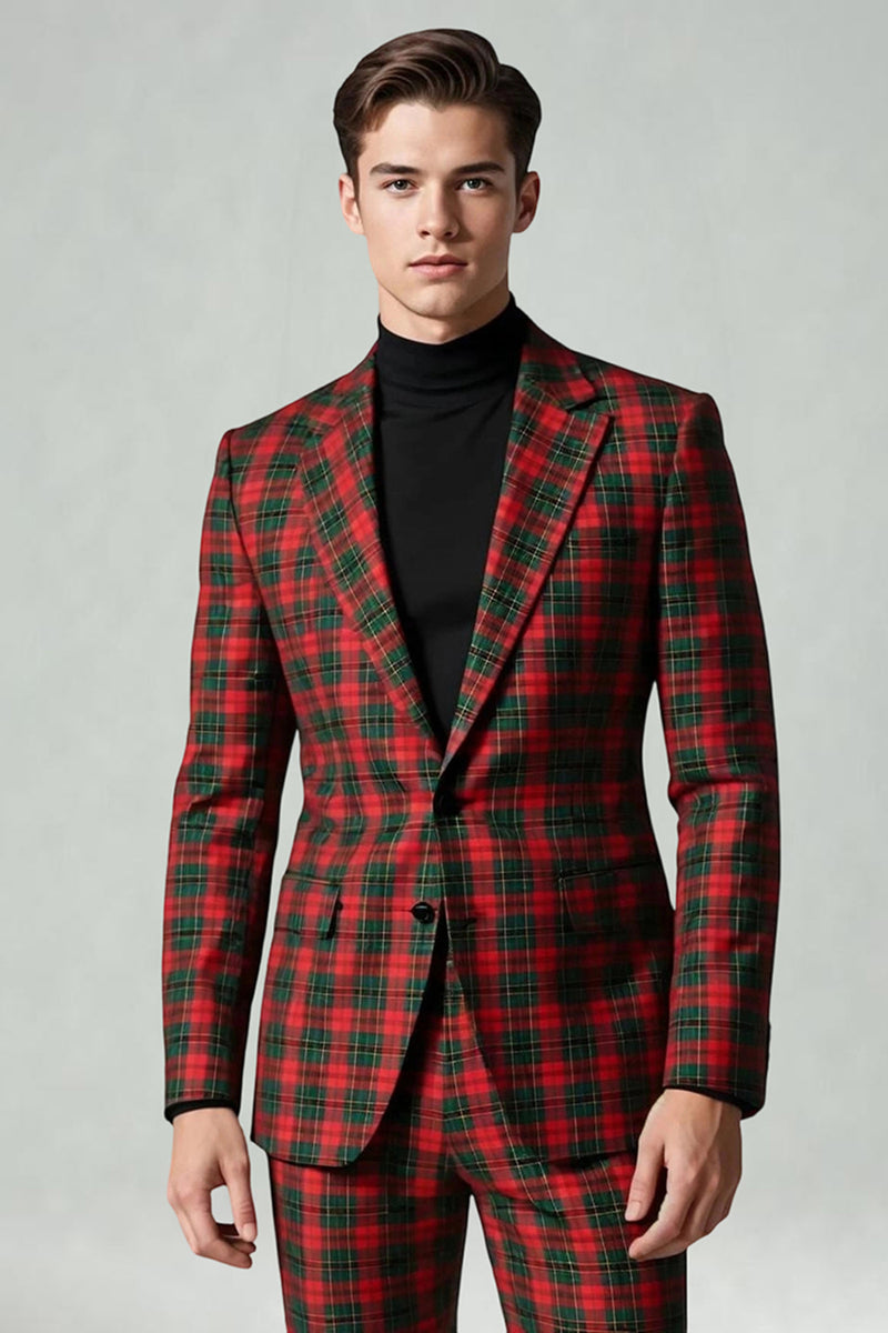 Load image into Gallery viewer, Black and Red Grid 2 Piece Notched Lapel Men Prom Suits