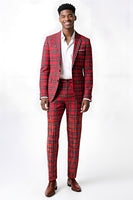 Load image into Gallery viewer, Black and Red Grid 2 Piece Notched Lapel Men Prom Suits