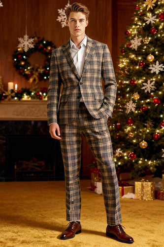 Brown and Grey Grid 2 Piece Notched Lapel Men Prom Suits