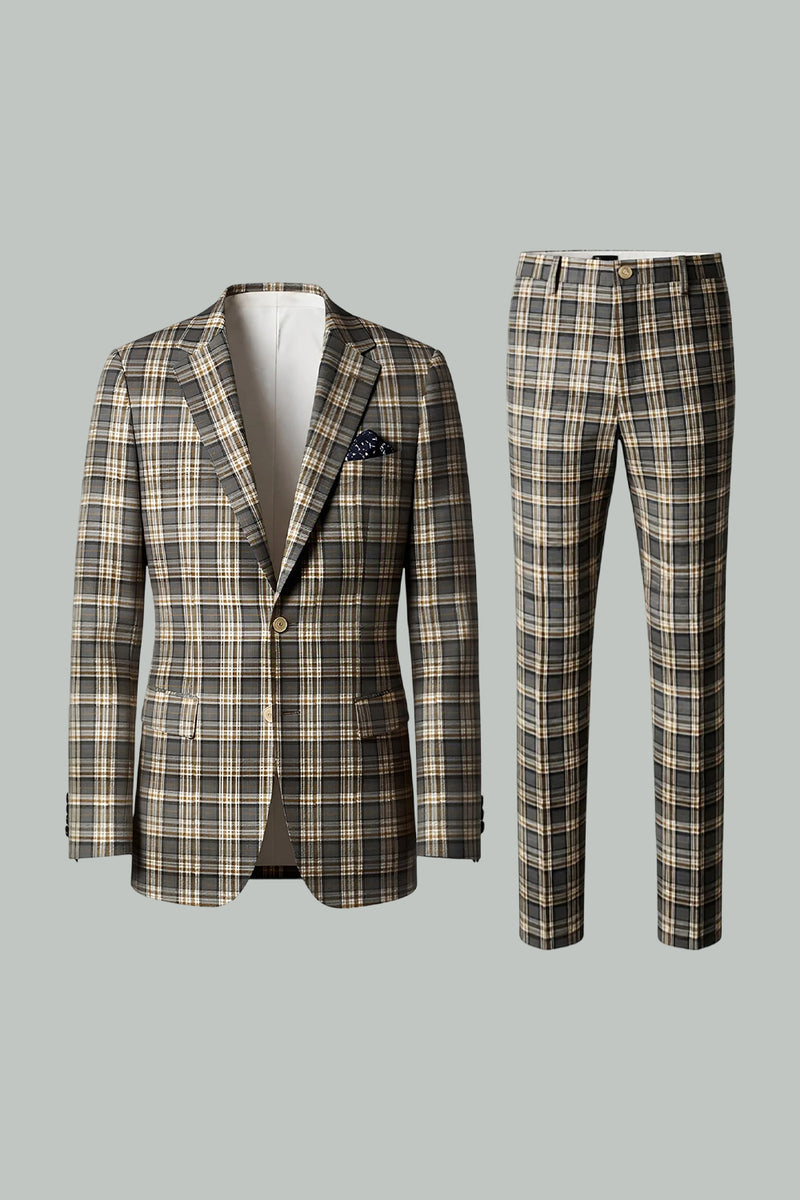 Load image into Gallery viewer, Brown and Grey Grid 2 Piece Notched Lapel Men Prom Suits