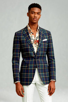 Blue and Green Grid 2 Piece Notched Lapel Men Prom Suits