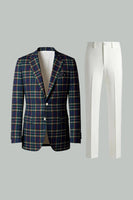 Load image into Gallery viewer, Blue and Green Grid 2 Piece Notched Lapel Men Prom Suits