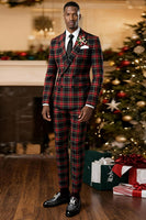 Load image into Gallery viewer, Black and Red Grid 2 Piece Double Breasted Peak Lapel Men Prom Suits