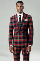 Load image into Gallery viewer, Black and Red Grid 2 Piece Double Breasted Peak Lapel Men Prom Suits
