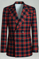 Load image into Gallery viewer, Black and Red Grid 2 Piece Double Breasted Peak Lapel Men Prom Suits