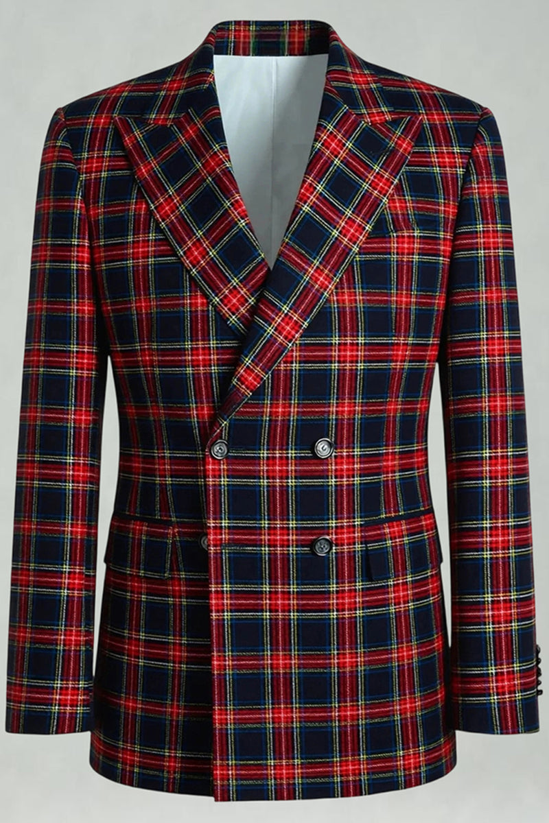 Load image into Gallery viewer, Black and Red Grid 2 Piece Double Breasted Peak Lapel Men Prom Suits