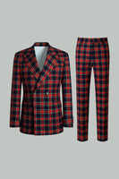 Load image into Gallery viewer, Black and Red Grid 2 Piece Double Breasted Peak Lapel Men Prom Suits