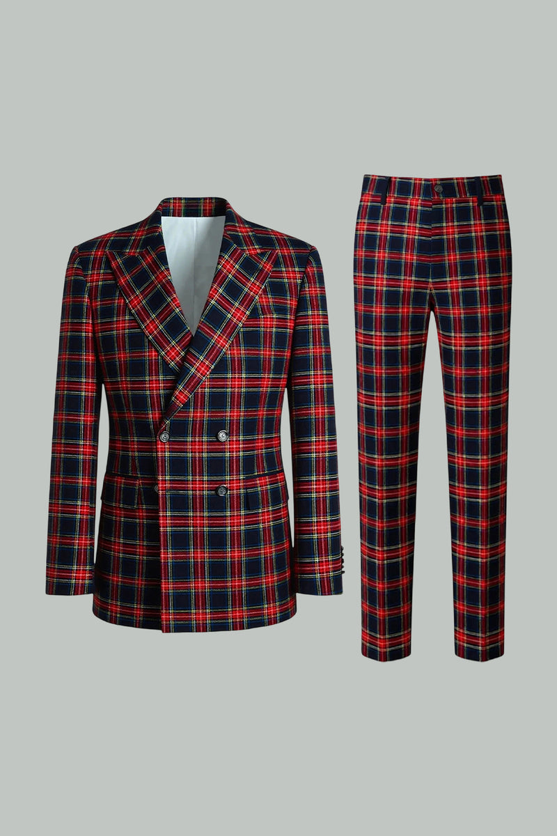 Load image into Gallery viewer, Black and Red Grid 2 Piece Double Breasted Peak Lapel Men Prom Suits
