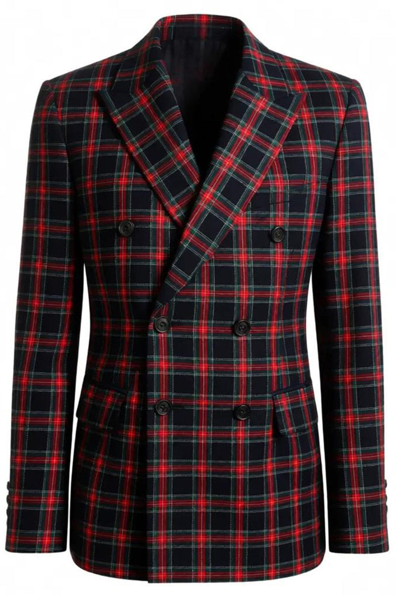 Load image into Gallery viewer, Black and Red Grid 2 Piece Double Breasted Peak Lapel Men Prom Suits
