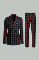 Load image into Gallery viewer, Black and Red Grid 2 Piece Double Breasted Peak Lapel Men Prom Suits