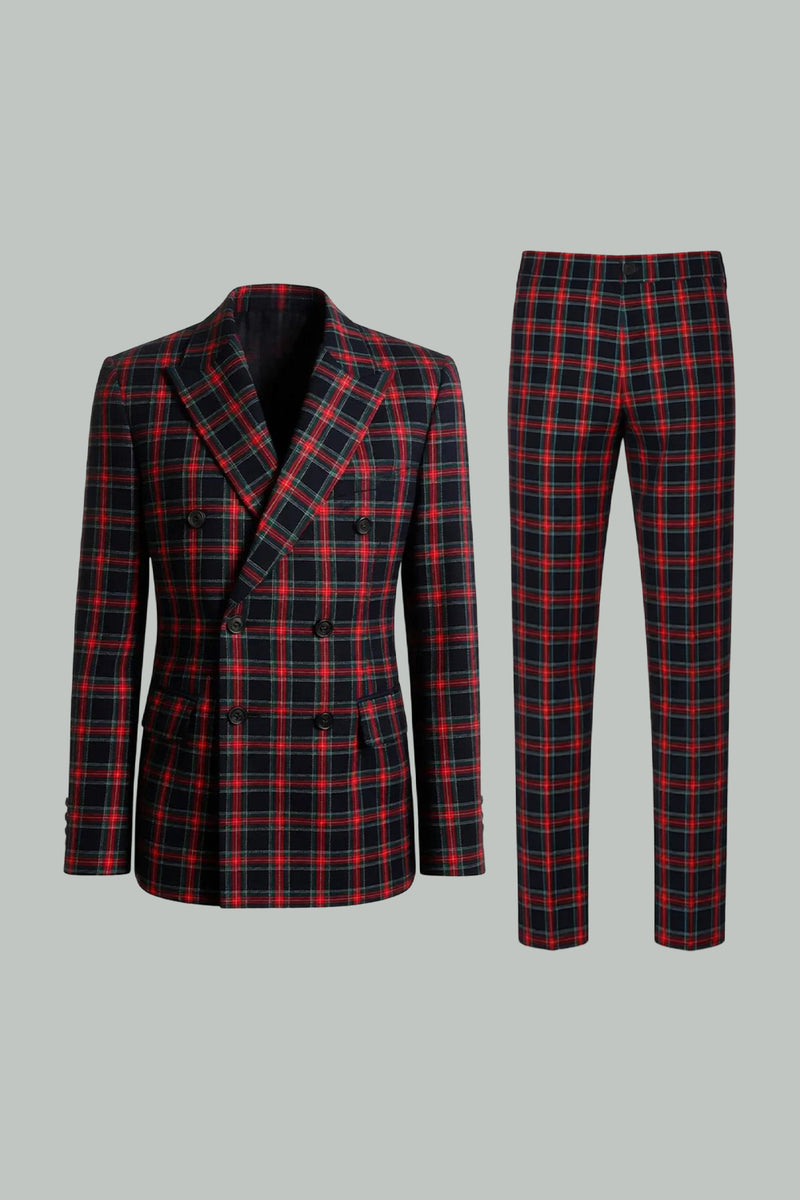 Load image into Gallery viewer, Black and Red Grid 2 Piece Double Breasted Peak Lapel Men Prom Suits