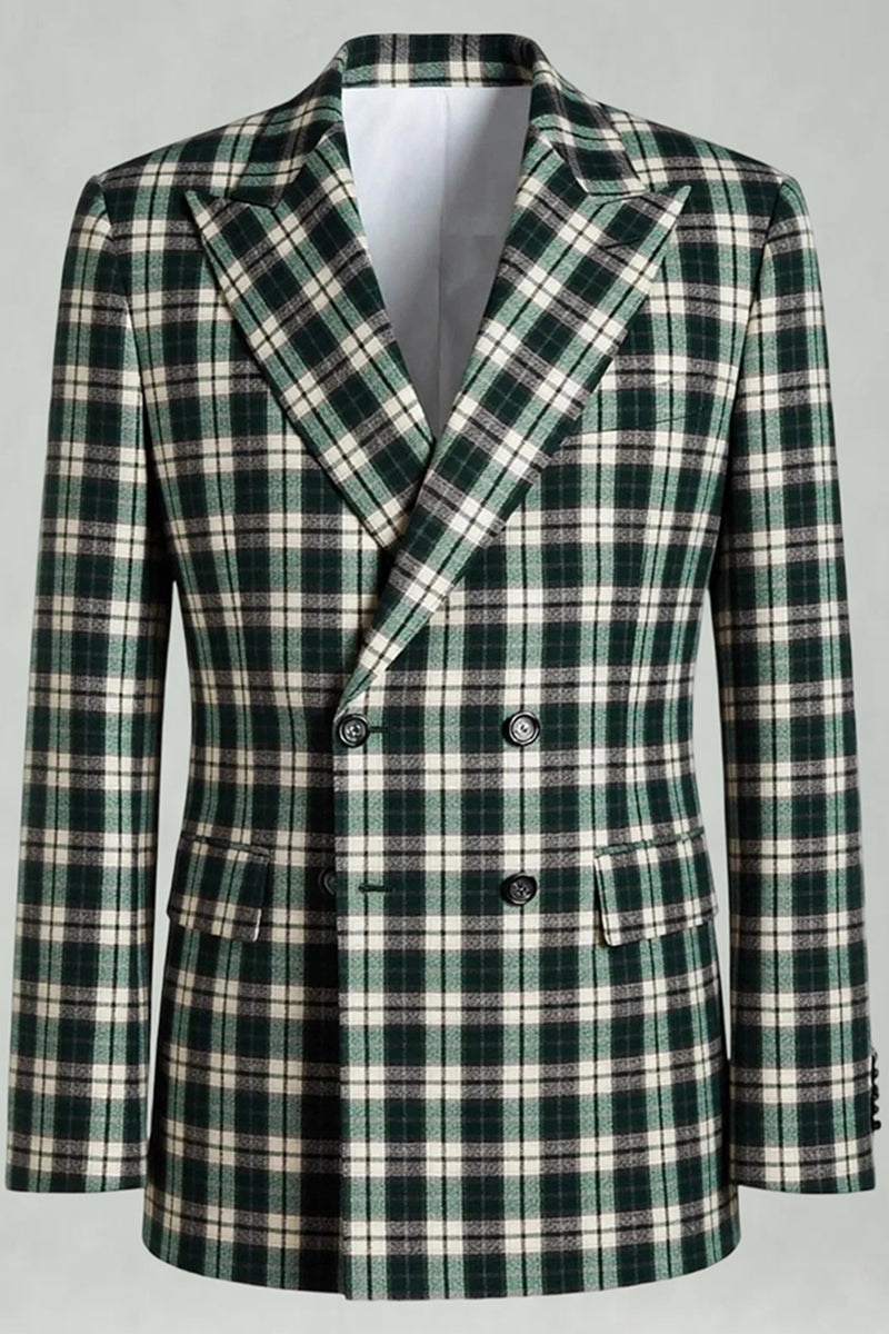 Load image into Gallery viewer, Black and Green Grid 2 Piece Peak Lapel Men Prom Suits