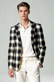 Black and White Grid Notched Lapel 2 Piece Men Prom Suits