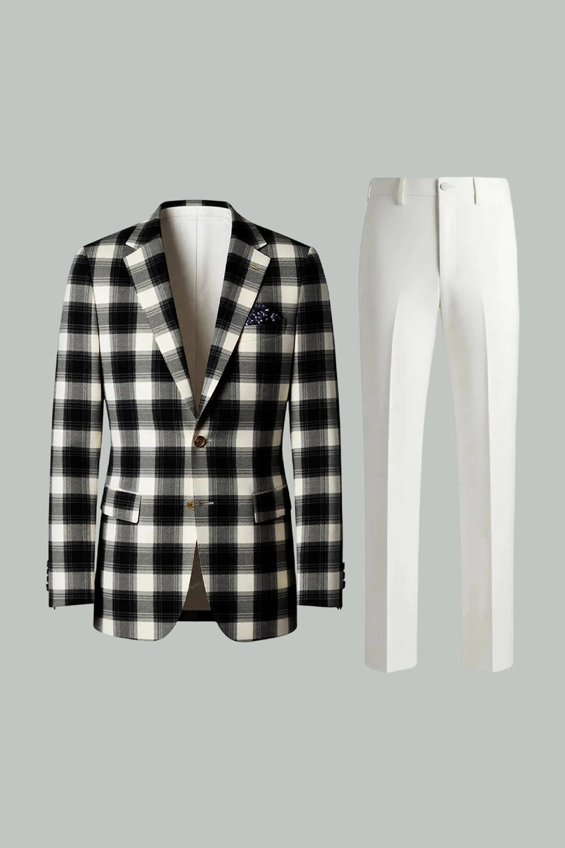 Load image into Gallery viewer, Black and White Grid Notched Lapel 2 Piece Men Prom Suits