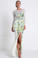 Load image into Gallery viewer, Floral Boat Neck Mermaid Long Sleeves Prom Dress with Slit