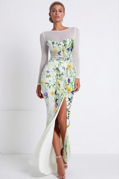 Floral Boat Neck Mermaid Long Sleeves Prom Dress with Slit
