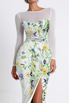 Floral Boat Neck Mermaid Long Sleeves Prom Dress with Slit