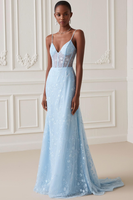 Load image into Gallery viewer, Light Blue Spaghetti Straps Mermaid Long Corset Prom Dress with Embroidery
