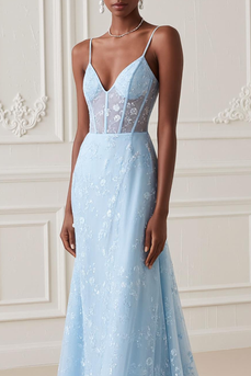 Light Blue Spaghetti Straps Mermaid Long Corset Prom Dress with Embroidery
