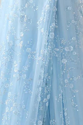Light Blue Spaghetti Straps Mermaid Long Corset Prom Dress with Embroidery