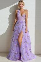 Load image into Gallery viewer, Floral Lilac Tulle A Line One Shoulder Long Prom Dress with Slit
