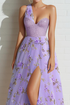 Floral Lilac Tulle A Line One Shoulder Long Prom Dress with Slit