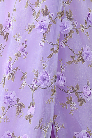 Floral Lilac Tulle A Line One Shoulder Long Prom Dress with Slit