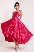 Load image into Gallery viewer, Fuchsia Strapless Floral A Line Long Prom Dress