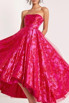 Fuchsia Strapless Floral A Line Long Prom Dress