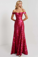 Load image into Gallery viewer, Fuchsia Off the Shoulder Floral Long Mermaid Prom Dress