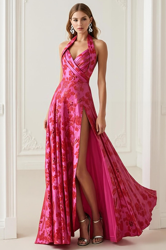 Fuchsia Haler Floral Long A Line Prom Dress with Slit