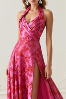 Load image into Gallery viewer, Fuchsia Haler Floral Long A Line Prom Dress with Slit